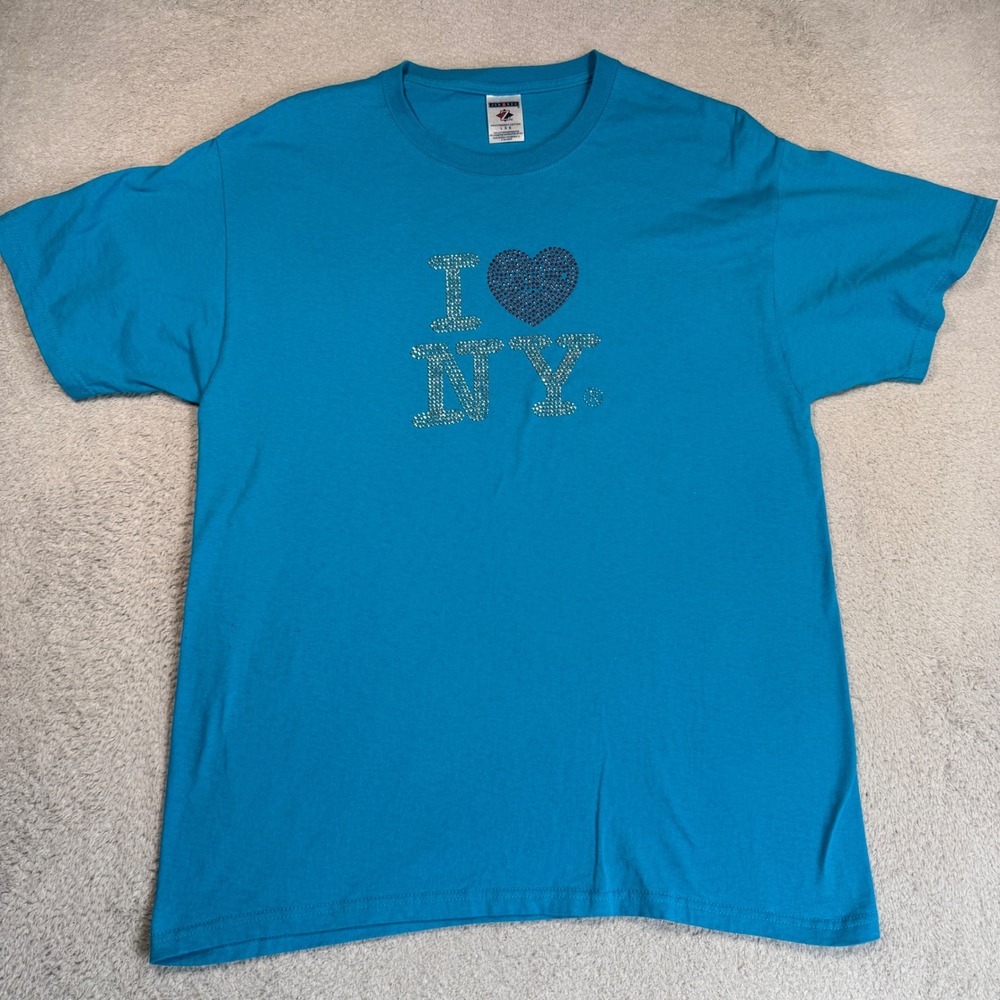 Vintage Y2K Jerzees T-Shirt Women L Blue I Heart NY Rhinestone Souvenir Tee